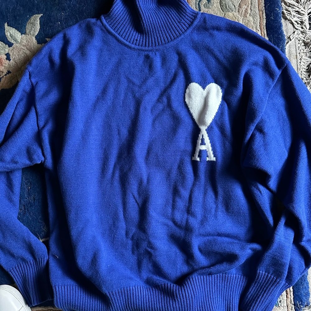 AMI MATTIUSSI Blue Turtleneck Sweater with Heart Logo